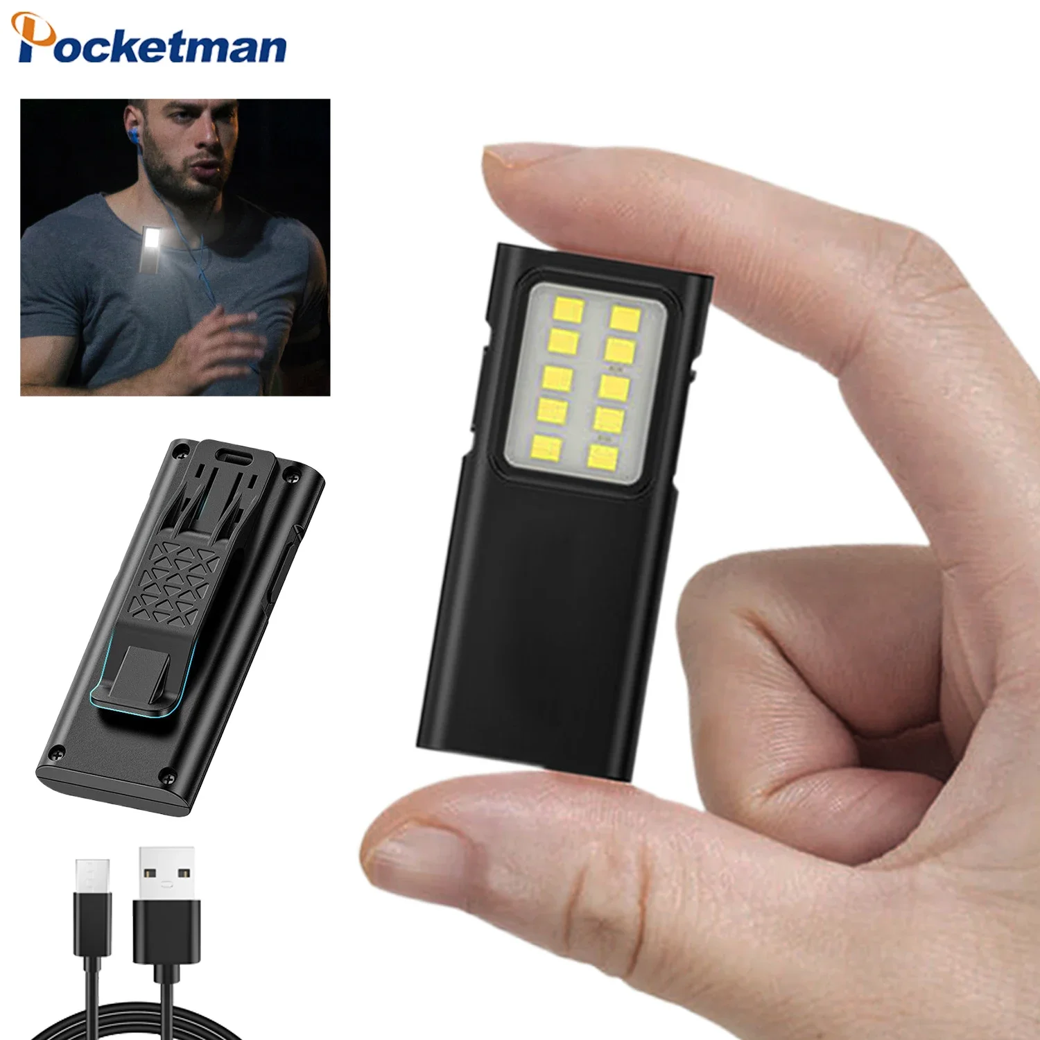 Linterna LED portátil para correr de noche, luces de seguridad, recargable por USB, linterna de bolsillo, luz de emergencia, manos libres