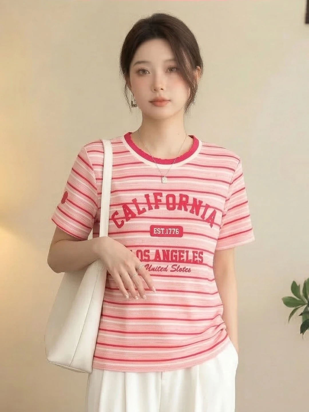 2026 Summer Slimming Color Block Stripe Short Sleeve T Shirt Women's Loose Fit Letter Print Top Korean Style Commute Fashion