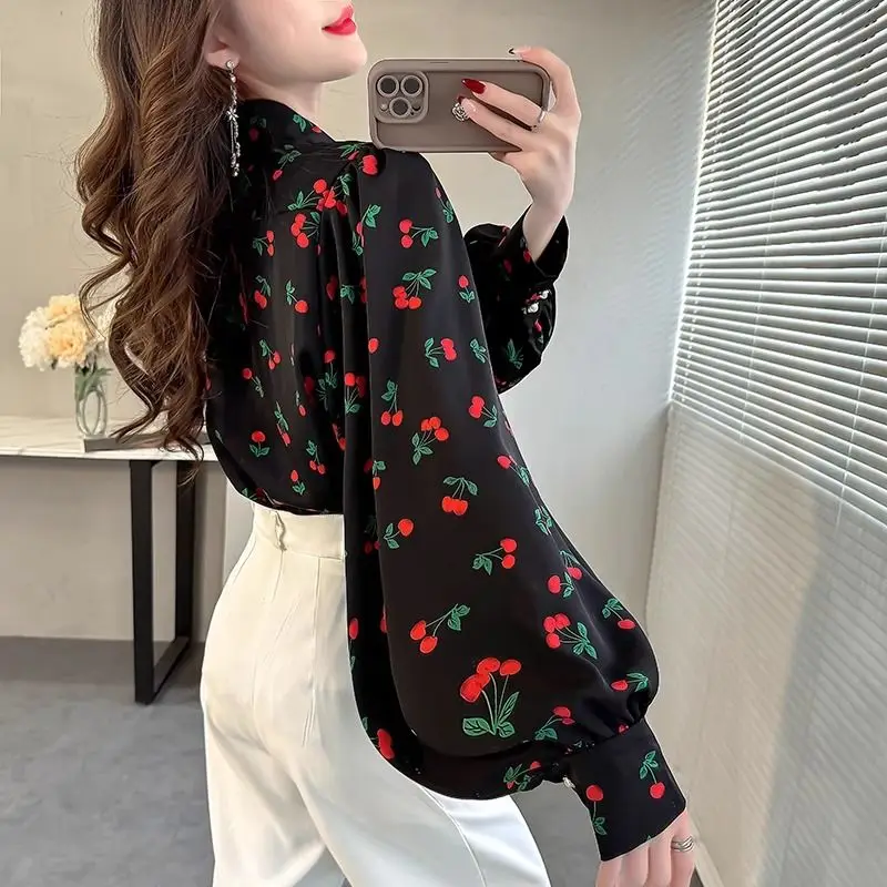 Vintage Unique Cherry Printing Women New Summer Loose Bishop Sleeve Shirt Fashion All-match Lapel Collar Single-breasted Tops