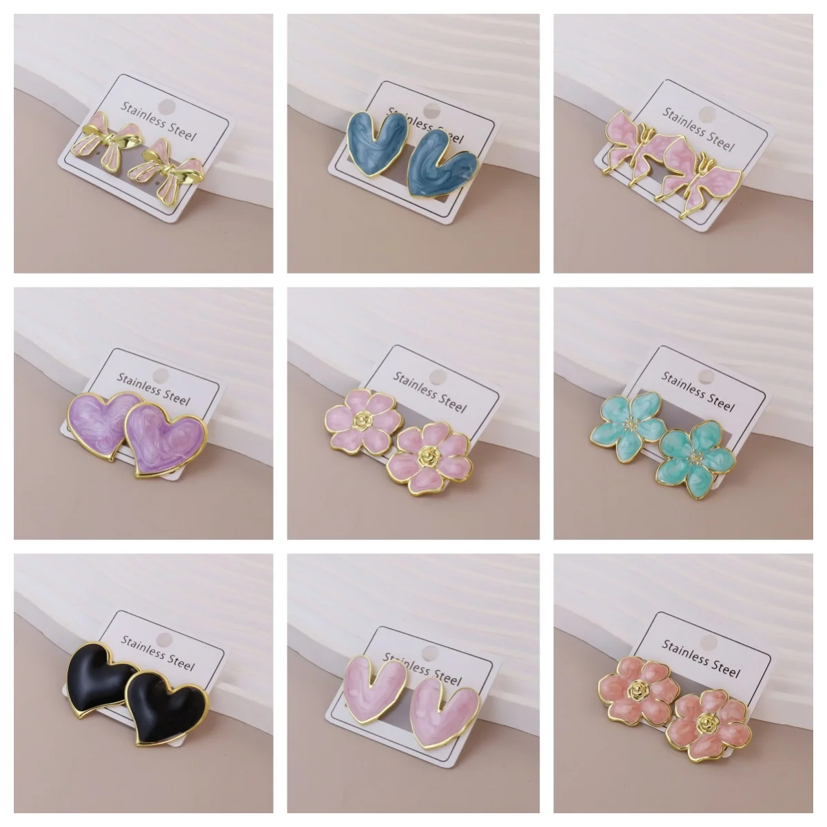 

Wholesale Stainless Steel Earrings Heart Flower Bowknot Colorful Enamel Ear Stud Daily Waterproof Candy Pink Jewelry For Girls