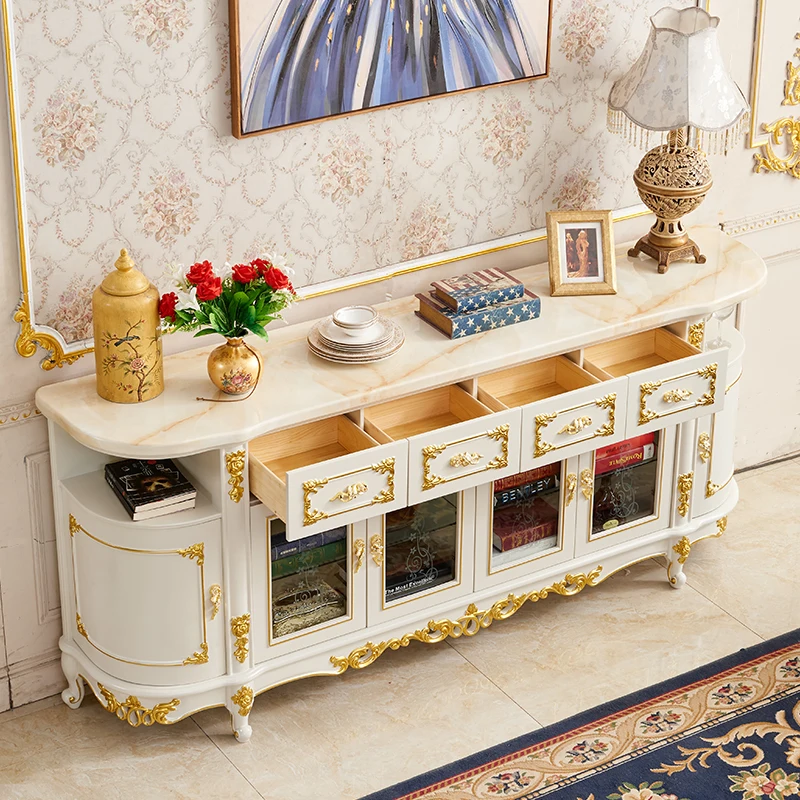 Living Room Furniture, Marble Sideboard, European-style Solid Wood Storage Cabinet, Dining Room, Arc-shaped Against The Wall