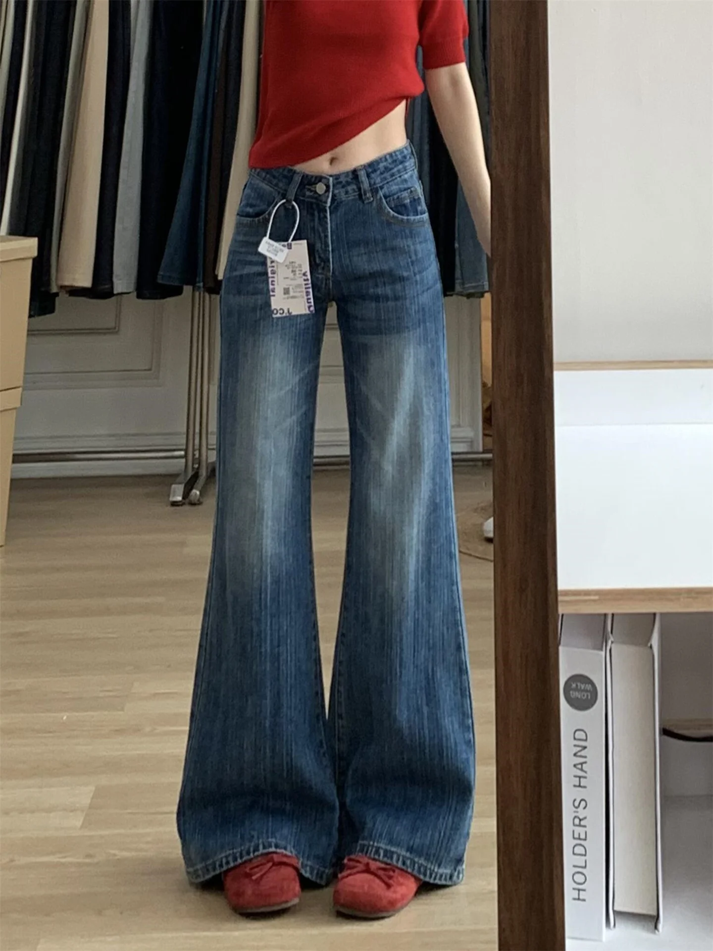 

Женские джинсы-клеш с низкой посадкой, усиленные, свободного кроя, весна-лето, синие, хлопковые, повседневный стиль, удобные для поездок на работу