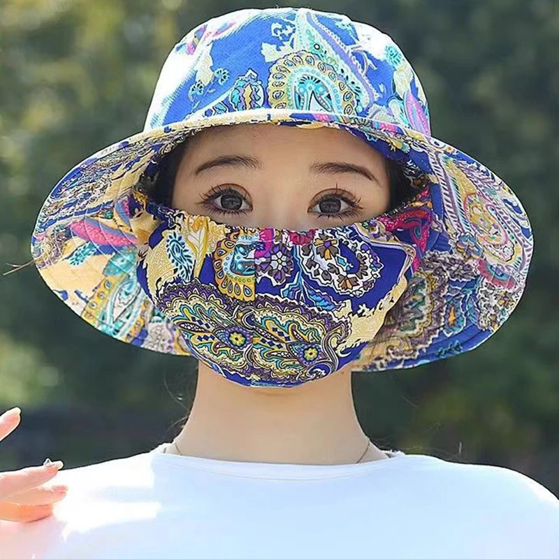 Outdoor Flower Pattern Anti-uv Sunscreen Hat Fashion Dust Mask Hat Protect Neck Women Men Fisherman Hat Tea Picking Cap