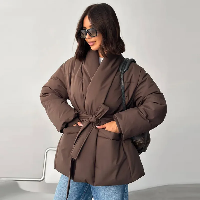 Damen Gefütterte Jacken V-Ausschnitt Langarm Schnürung Übergroße Mäntel Herbst Winter Damen Mantel mit Taschen Einfarbig Locker Geschnitten Schicke Neue Oberbekleidung – Detail 15