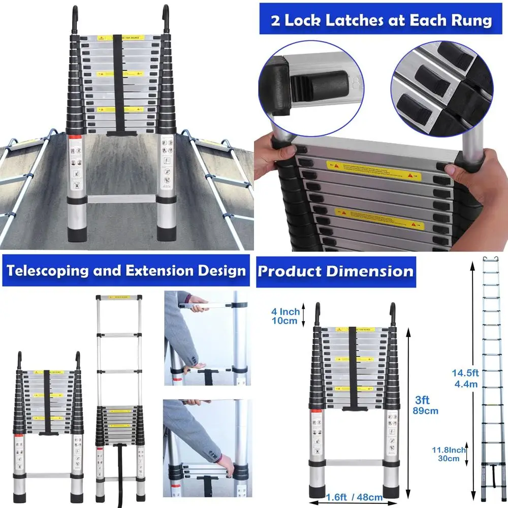 Escalera telescópica de aluminio portátil, extensión de 14,5 pies con ganchos desmontables, 15 escalones, capacidad de carga de 330 libras, antideslizante para seguridad