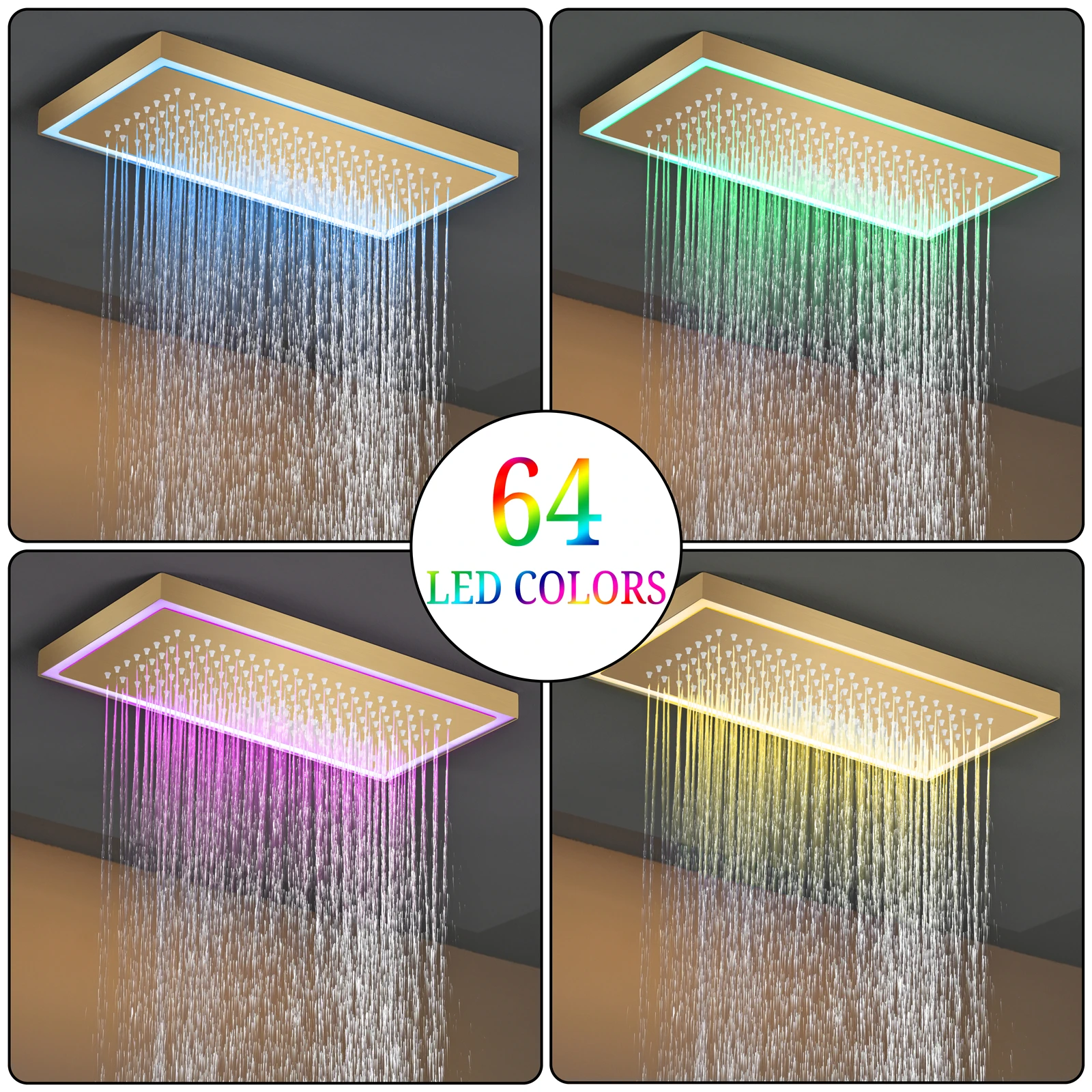 Qlonn Brushed Gold Concealed Thermostatic Shower Set 800×200mm LED Ceiling Rain Shower Head 4 Functions 6 Body Jets Handheld