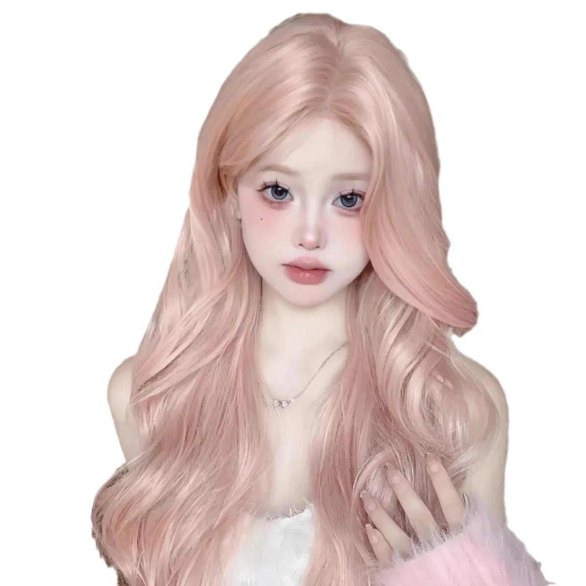 

24inch Fashion Rose Pink Synthetic Curly Hair Wigs for Women Cosplay Long Wigs with Middle-parted Bangs Big Wave Hair Lolita Wig