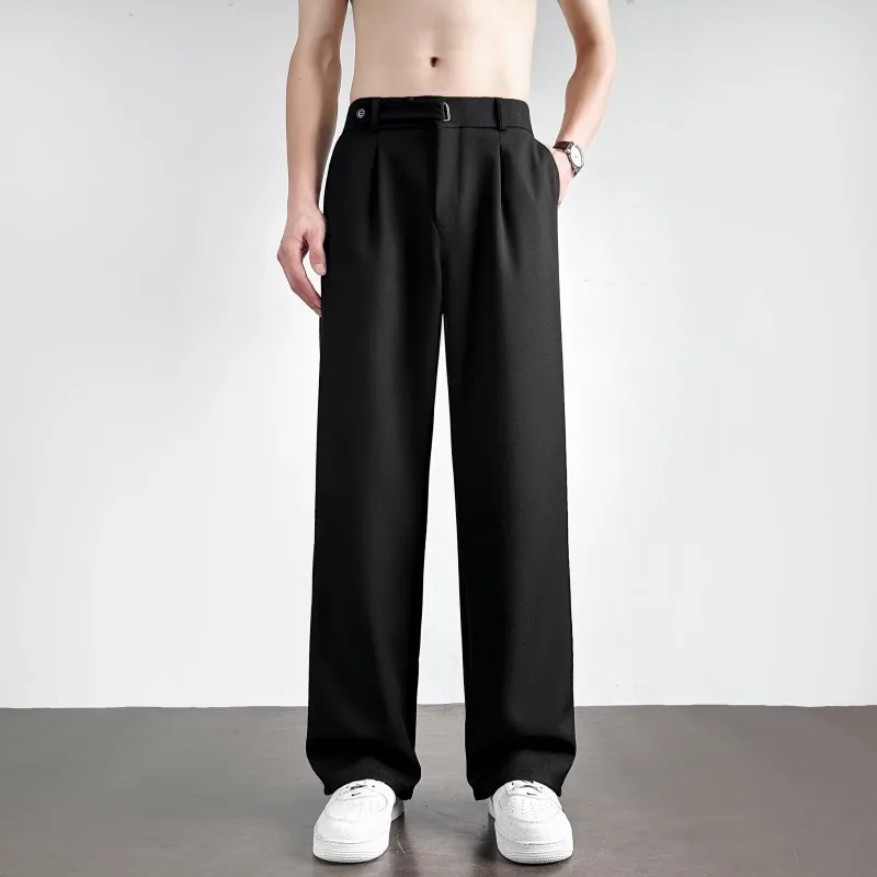 

KIDWHXR Man Straight-leg Pant Loose High Waist Male Casual Suit Pant Simple Solid Color Pleated Comfortable Men Trousers