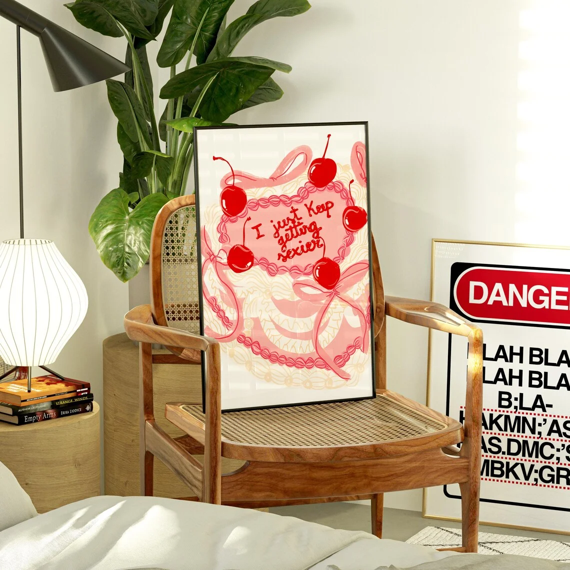Decoración de pared con estampado de pastel retro y divertido - Ilustración caprichosa de un pastel rosa con volantes, adornado con cerezas y lazos, con diseño de Bol