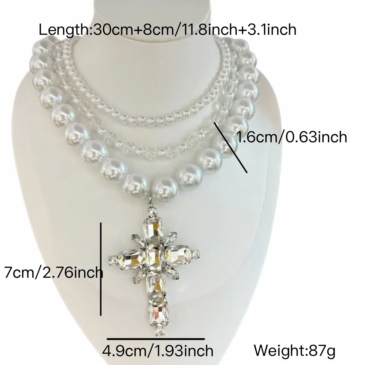 Light‑Luxury Vintage Cross Inlaid Rhinestone Pearl Necklace for Women, Elegant Vacation‑Style Layered Necklace Party Jewelry Gif