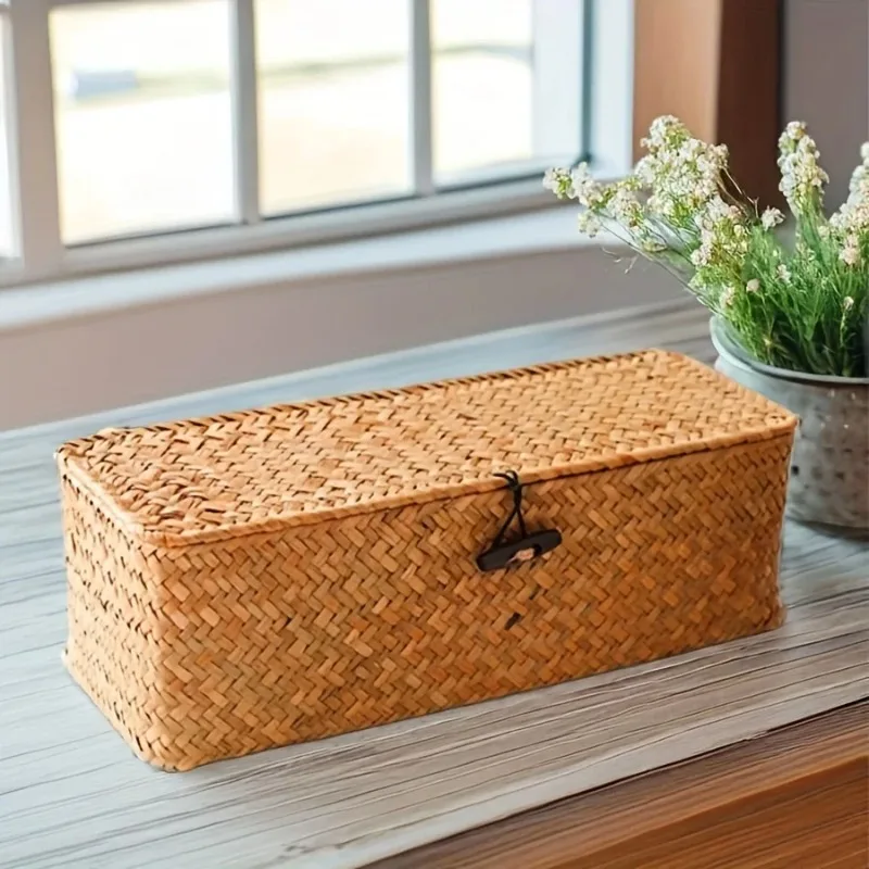 

Partitioned Storage Box, Handcrafted Woven Storage Basket, Rectangular Vintage Shelf, for Home Organization Storage Containers