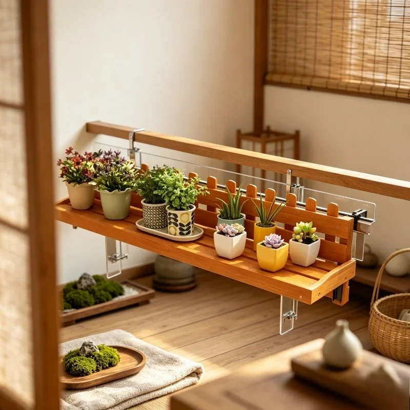 Wooden Balcony Railing Plant Shelf, Hanging Flower Pot Holder Rack Stand for Outdoor Patio, Durable Succulent Display Organizer.