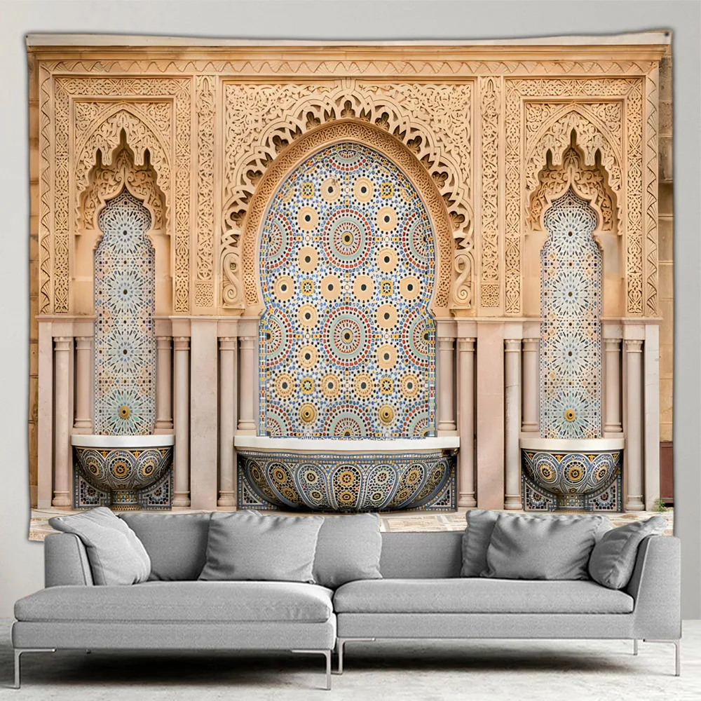 Moroccan Architectural Tapestry Retro Islamic Geometric Pattern Wall Hanging Bohemian Living Room Bedroom Home Wall Decor Mural