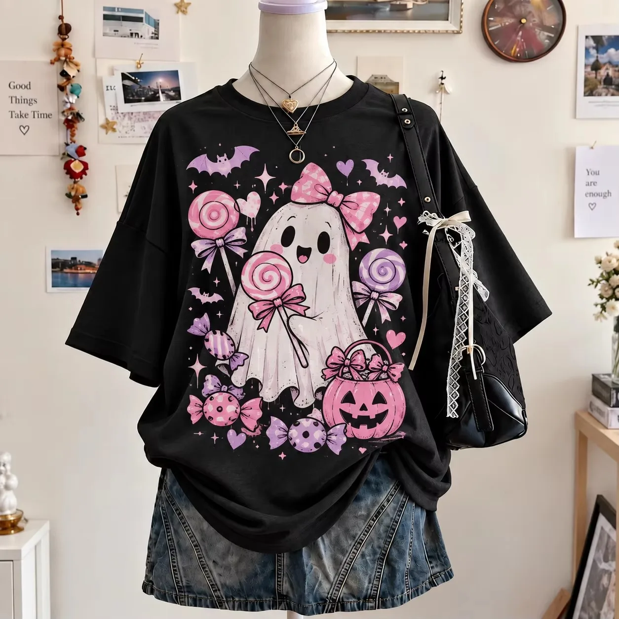 Cute Pastel Ghost Halloween T Shirt Pink Purple Candy Bow Pumpkin Graphic Short Sleeve Tee