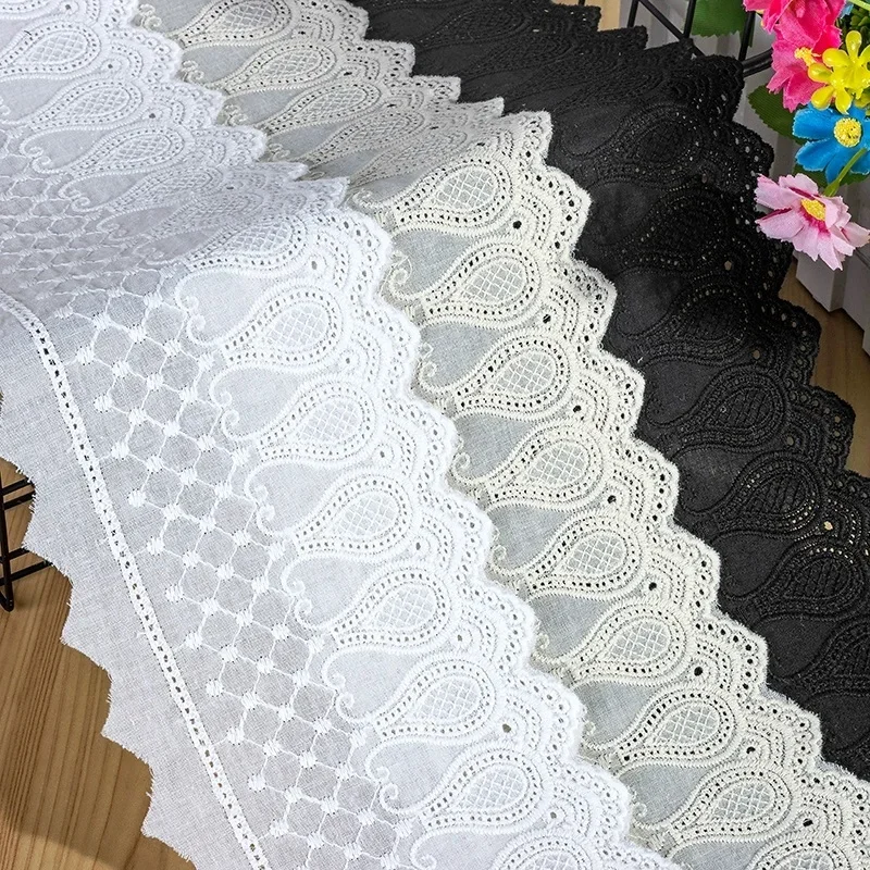 1yard/lot White Beige Black 100% Cotton Embroidered Lace Fabrics for Women\'s Clothing DIY Lace Trim