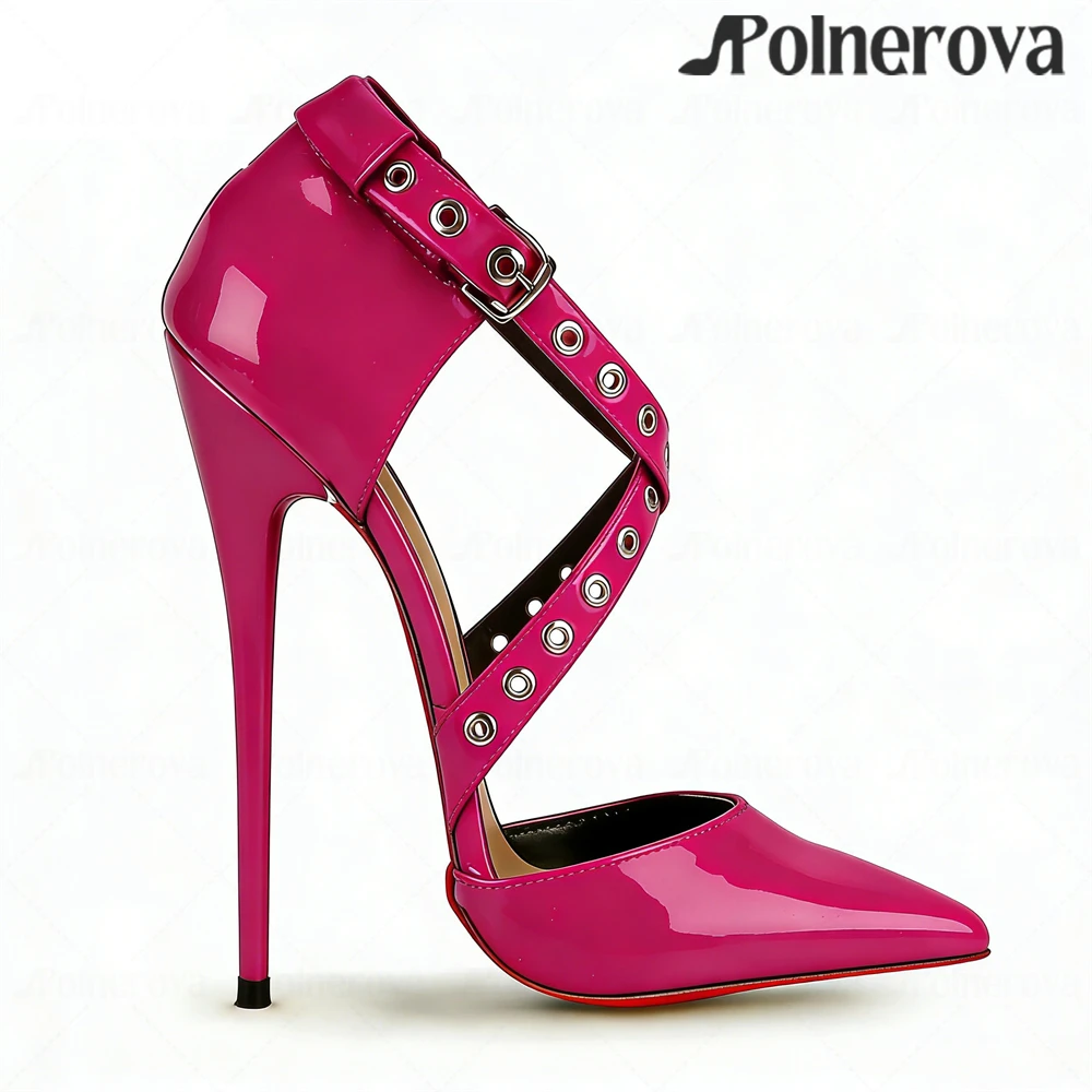 Metallic Circle Cross Straps Pumps 16cm Lacquered Heel Pointed Toe Stilettos Ankle Buckle Side Hollow out High Heels for Women