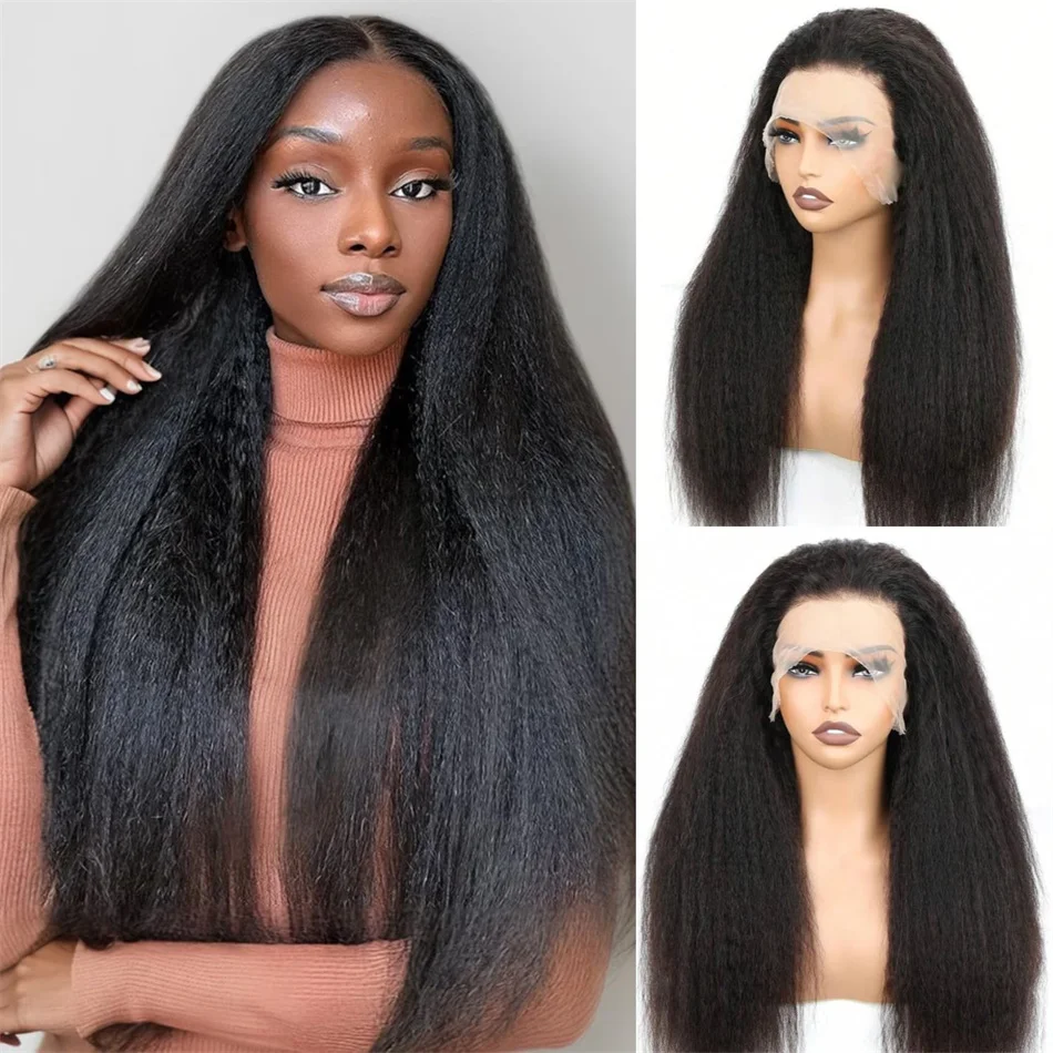 Wig lurus Kinky transparan berenda depan sebelum dipetik Yaki Brasil ketebalan 250% "13x4 Wig rambut manusia untuk wanita garis rambut alami