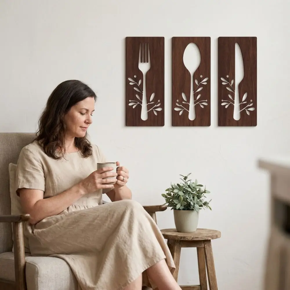 3pcs Fork Kitchen Utensil Wooden Ornament Spoon Decorative Kitchen Tools Wall Plaques Rustic Style Hollow Out