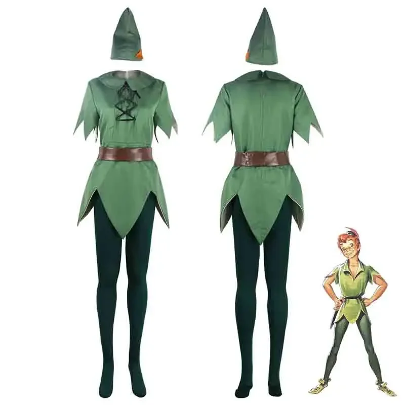 Unisex Peter Pan Cosplay-Kostüm, Overall, komplettes Zubehör, Ohren, Gürtel, Hut, Schuhe, Halloween-Party-Anzug