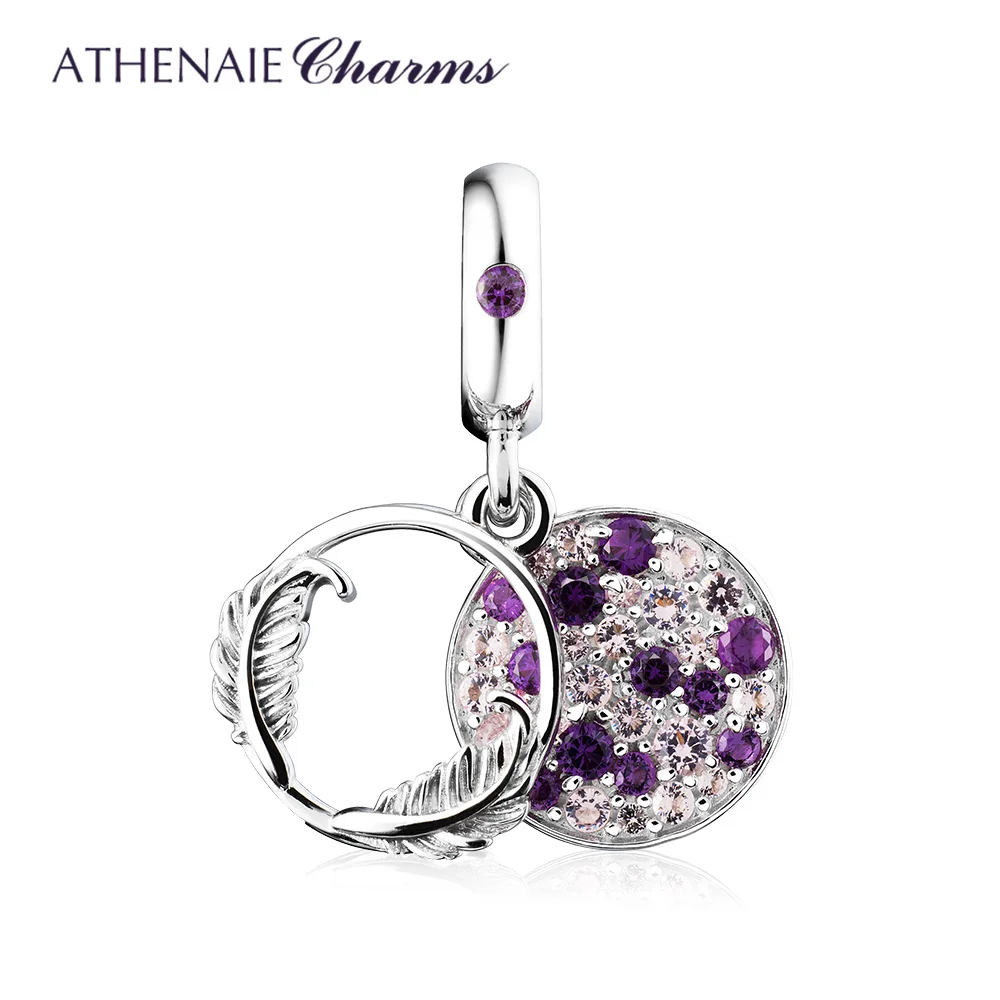 ATHENAIE 925 Sterling Silver Feather Pendant with Purple CZ Stone Fit European Bracelets for Perfect Gift Women Jewelry