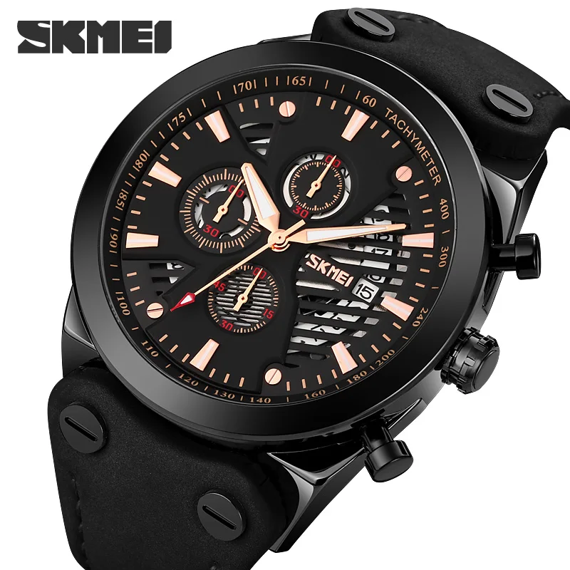 

SKMEI 2022 Men Sport Watch Business Multifuction Waterproof Stopwatch Date Casual Leather Strap Men's Quartz Wristwatch 9282