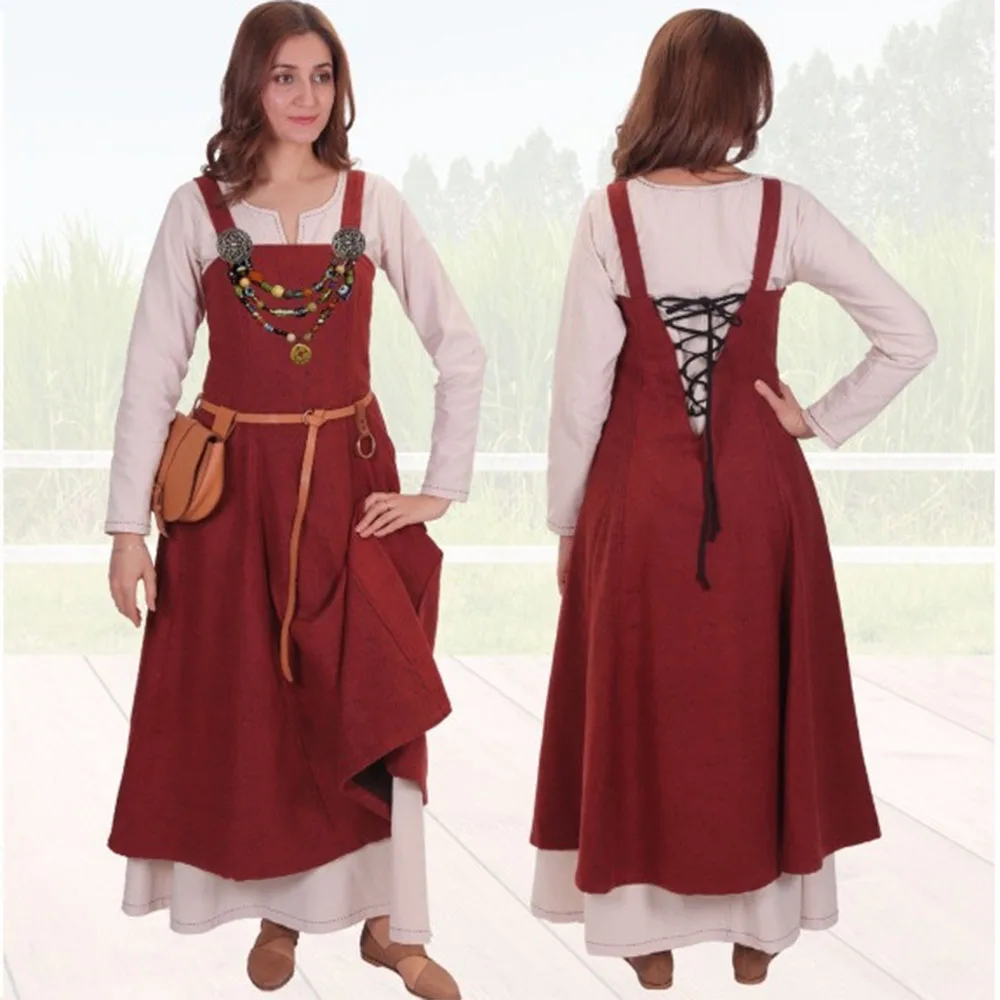 Medieval Viking Apron Overdress with Laced Medieval Classic Vintage Retro Vogue Flare Sleeve Tunic Dress Ladies Plus Size