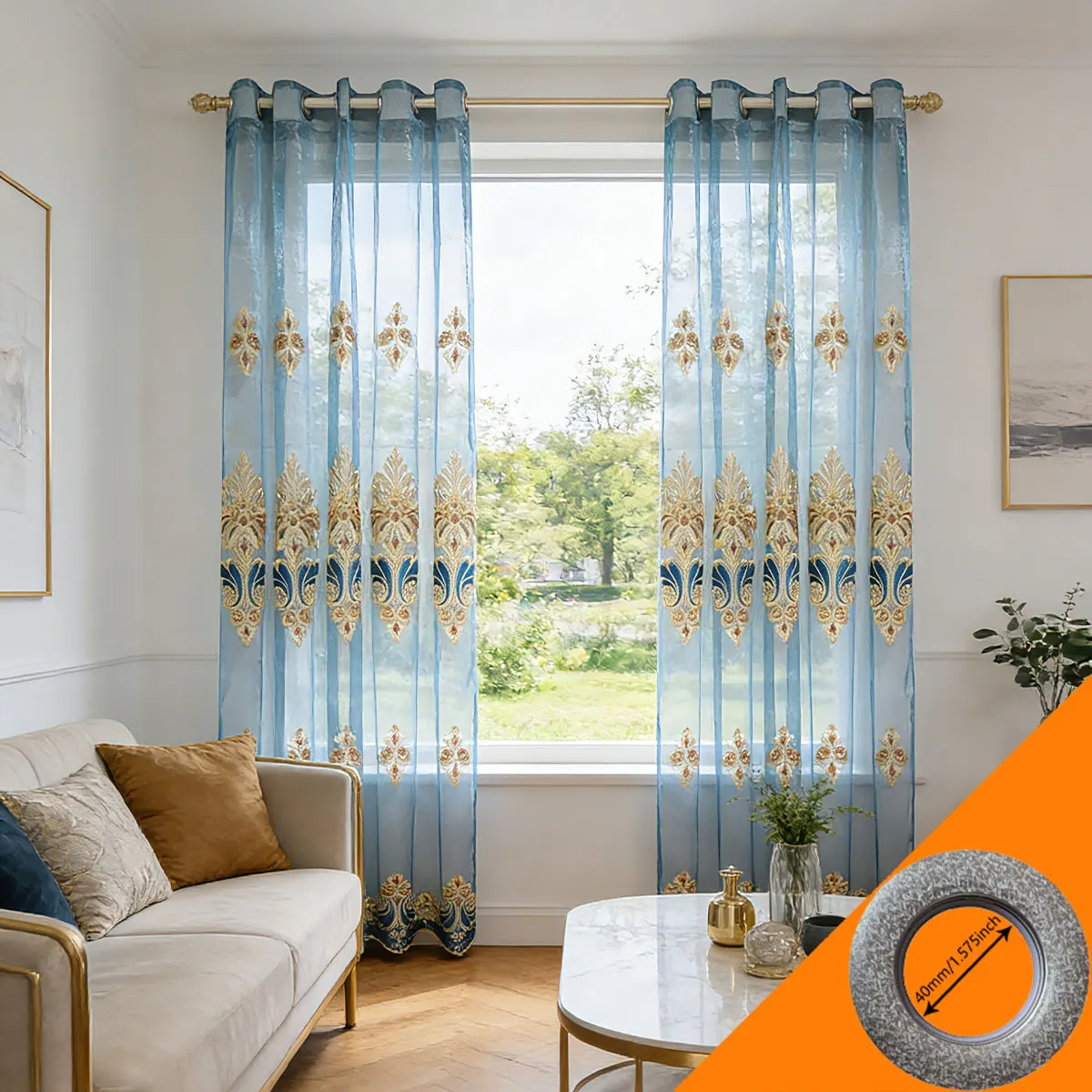 2pcs Luxury European Blue Gold Embroidered Sheer Curtains (Curtains Only, Rod Not Included)