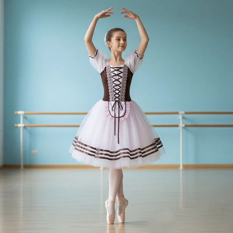 

Girls Long Ballet Dress Puff Sleeve Pink Dance Leotard Adult Children Performance Wear Contemporary Dance Skirts Ballet Costumes
