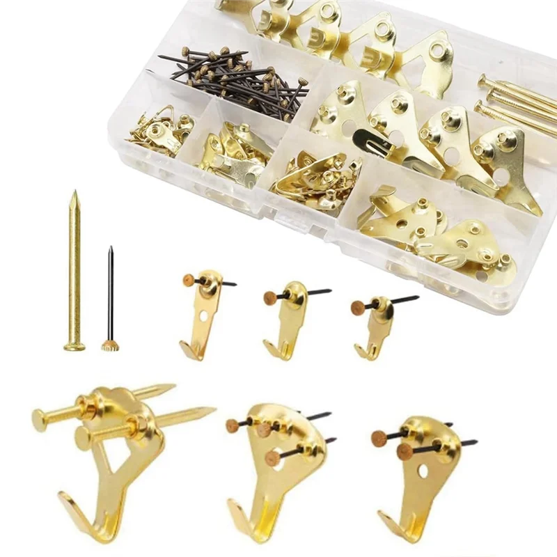 A04G-120 Piece Picture Hanging Kit, Picture Hangers Assorted Kit Gold With Heavy Duty Wall Hooks,For Canvas, Office Pictures, Cl