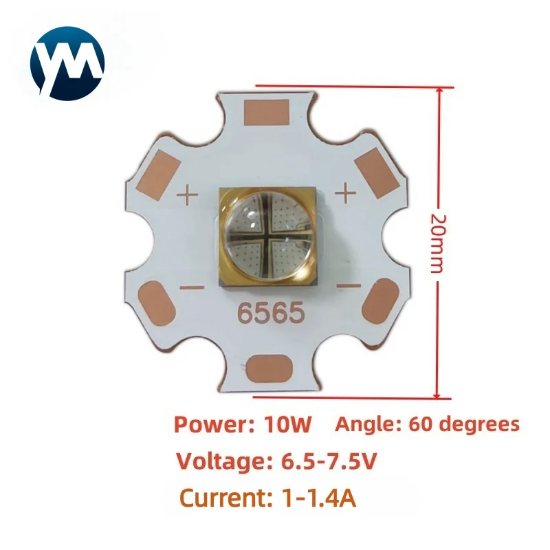 365nm 10W 20mm Copper Substrate UV LED Chips High Power 6565 Quartz Lens 3D Printing Ink Glue Silk Screen Flexo Curing