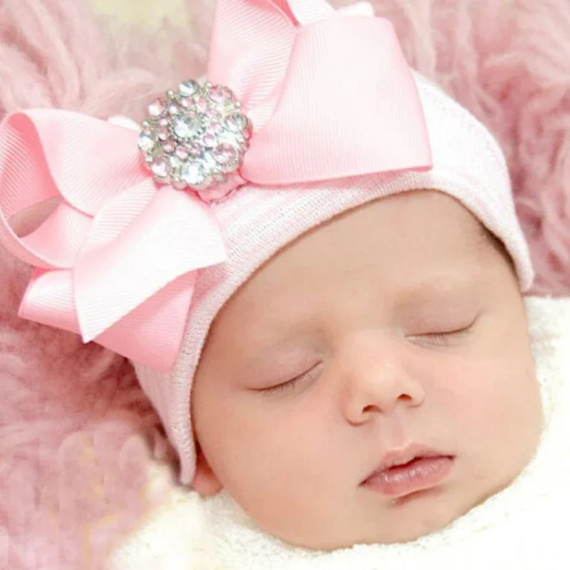 New Big Bow Baby Hat Shiny Diamond Pink Striped Knitted Hat for Kids Girls Newborn Babys Pullover Hat Baby Photography Props 1PC