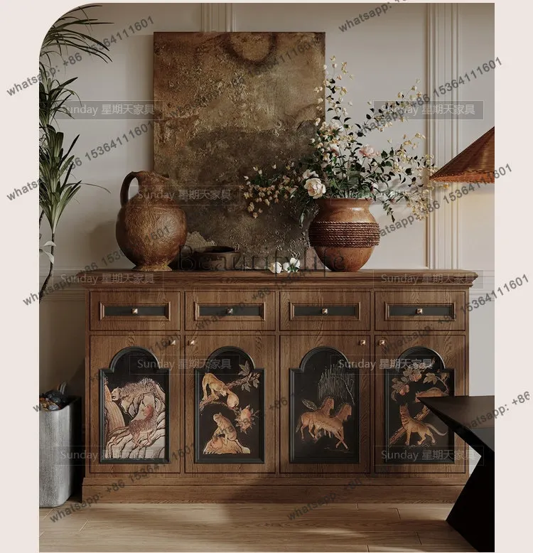 Solid wood hand-painted printed chest of drawers American vintage storage solid wood wabi-sabi style storage cabinet