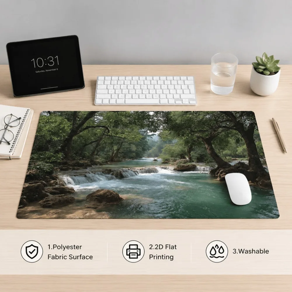 Forest, river and waterfall natural scenery print. Suitable for users of office and home computer desks. Rectangular extended