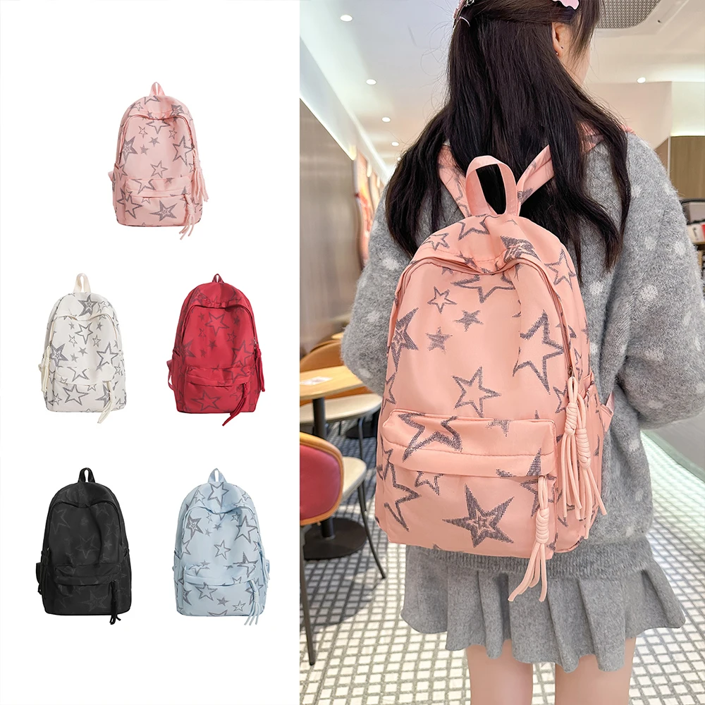 Backpack, Rucksack Star Print Tassel Decor Roomy Multi Pocket Adjustable Strap Bag for Daily Commute Weekend Trip