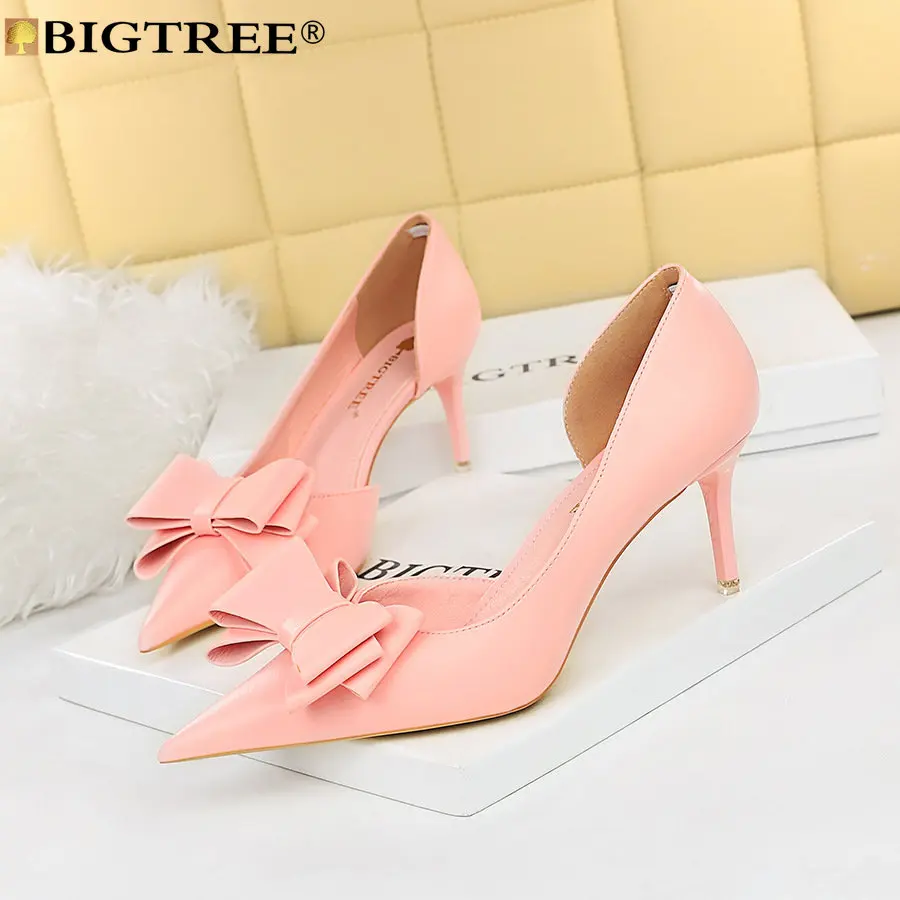 

BIGTREE Soft Shallow Fashion High Heels Women Pumps Butterfly-knot Pointed Toe PU 7.5CM Thin Heels Fashion Dress Women Shoes