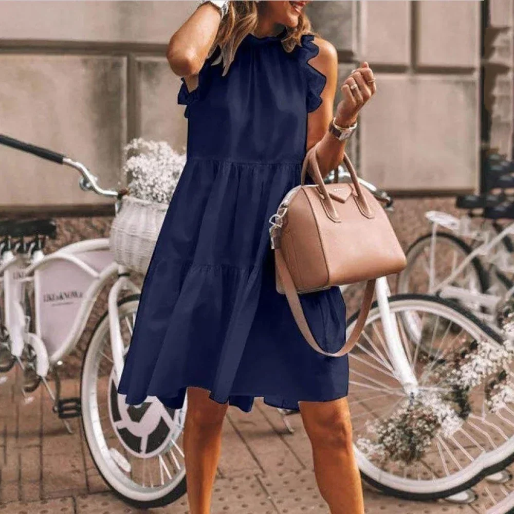 Summer Casual Ruffle Collar White Loose Beach Women\'s Dress Casual Bohemian Sleeveless Large Hem Solid Round Neck Long Dress