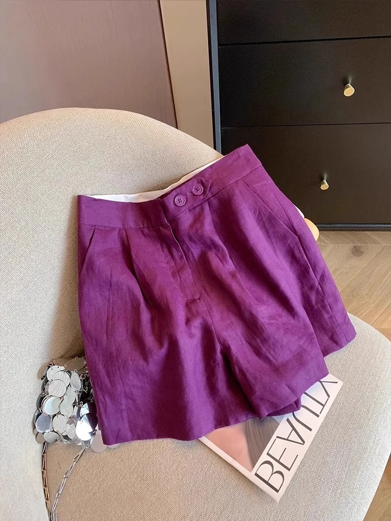 Plones Anchos de Lino Color Mo Uva Retro, Cintura Alta, Cortos, Casus, de Verano, Diseño Sensacional, Es, C...