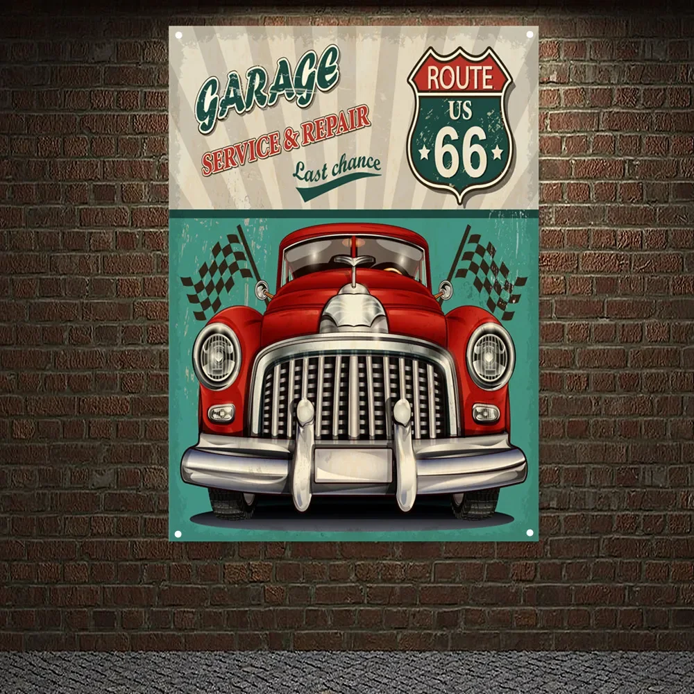 US 66 ROUTE Retro Car SERVICE & REPAIR Poster Tapestry Flag Wall Painting Gas Station Auto Repair Shop Garage Wall Decor Banner