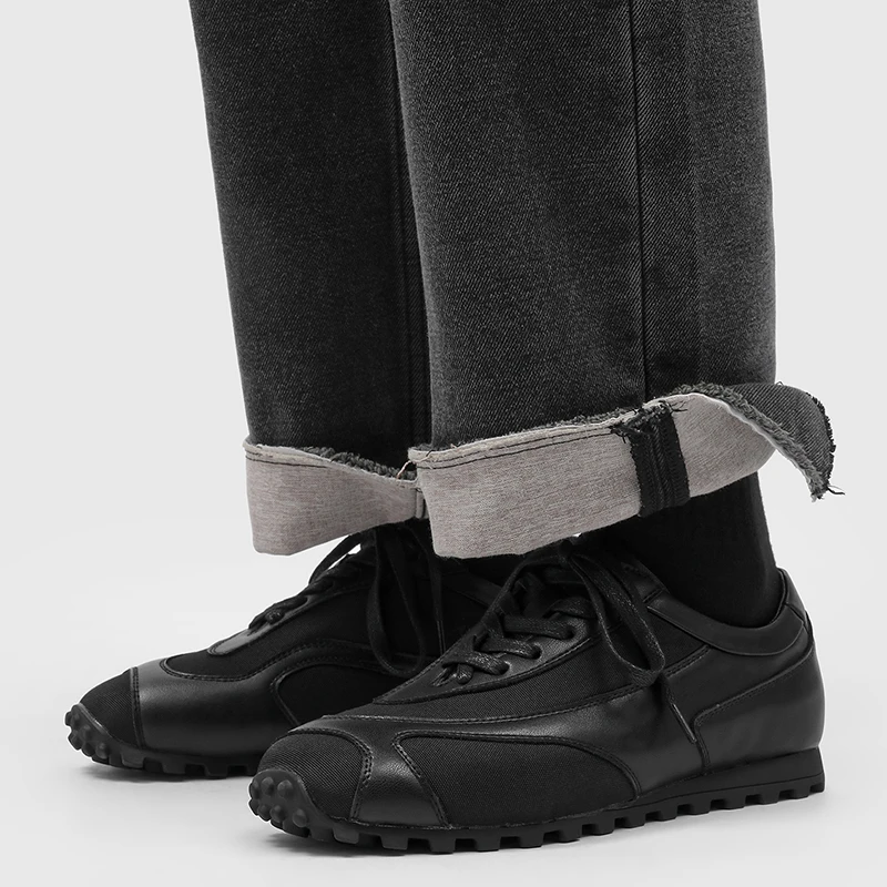 Black Spliced Mesh German Training Shoes for Men Retro Breathable Lightweight with Thick Sole Casual Trendy Sporty Style