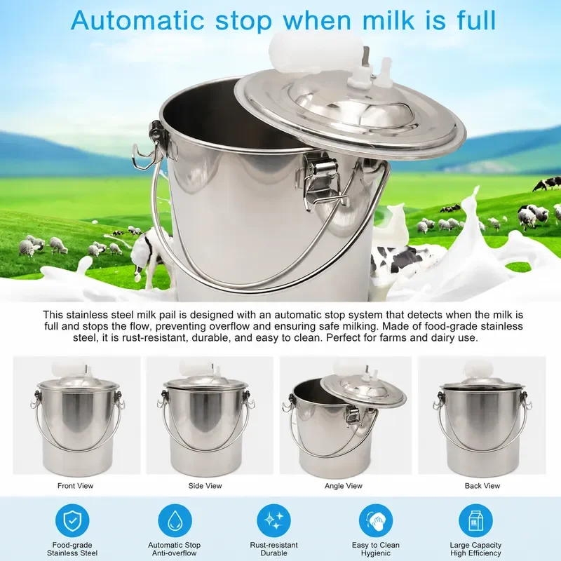 5L Automatic Electric Milking Machine Pulsating Vacuum Pump Stainless Steel Bucket for Farm Cows Goats Sheep Dairy