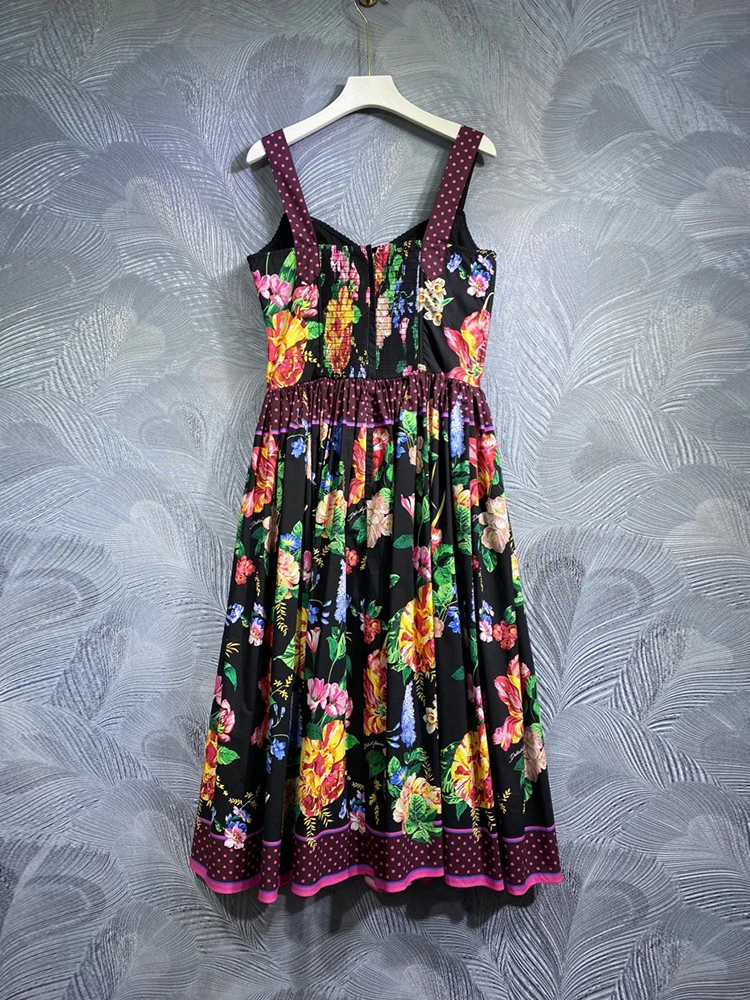 DLDENGHAN Spring Cotton Dress Women Spaghetti Strap Sleeveless Floral Print Vintage Party Backless Dresses Fashion Designer New