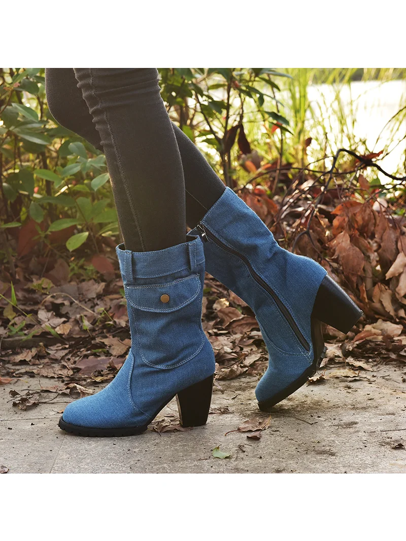 2022 new Spring autumn Denim boots for Women Mid-rise Solid color Large Size Shoes woman Slip-On Chunky Med Heels Mid-calf Boots