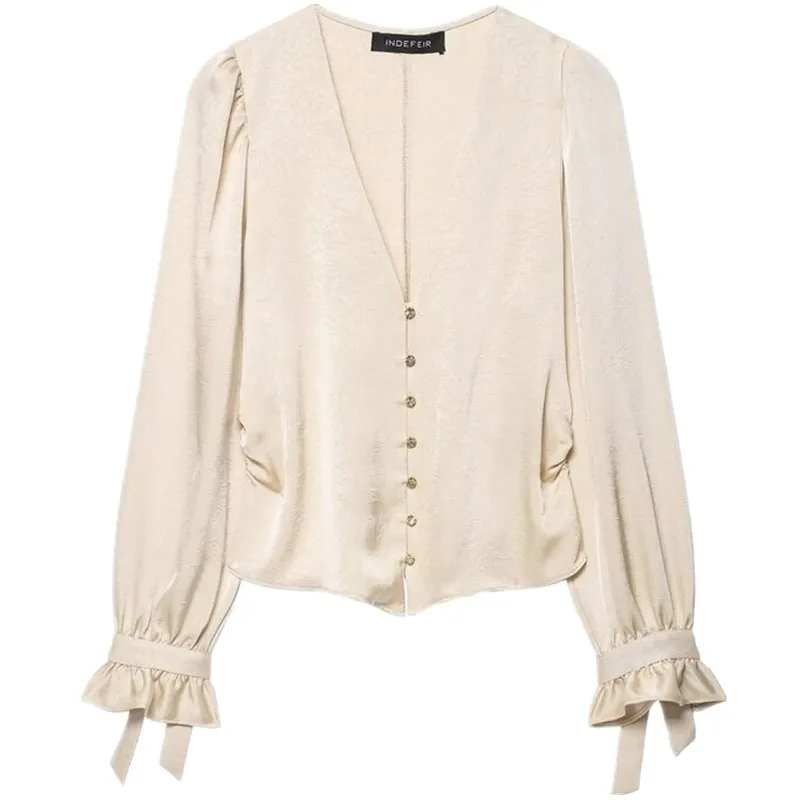 Autumn 2025 Women's Slim Fit Shirt New Arrival Crease Effect Versatile Design Commute Style Long Sleeve V Neck No Special Fun... 5