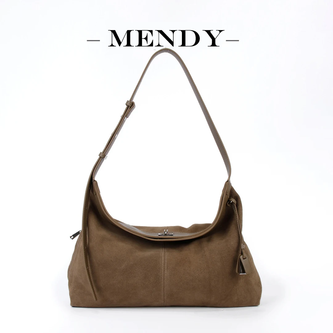 Mendy Shoulder Bags Suede Cow Leather Underarm Shoulder Crossbody Women Handbag Genuine Minimalist Vintage Casual Large Capacity