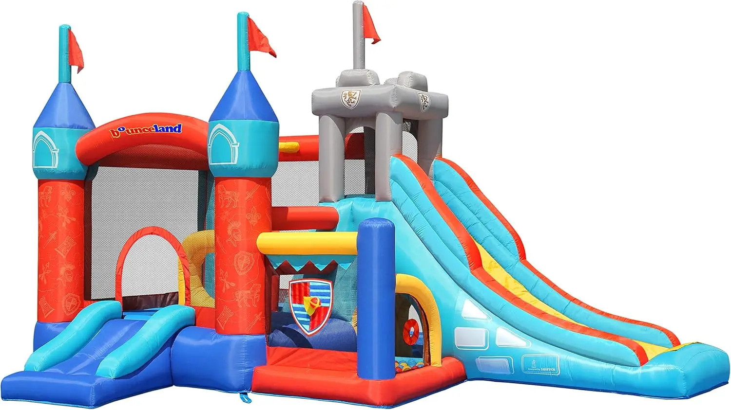 

Средневековый домик Bounce Castle с горкой и ямой для мячей, баскетбольным кольцом и играм с мячом в комплекте