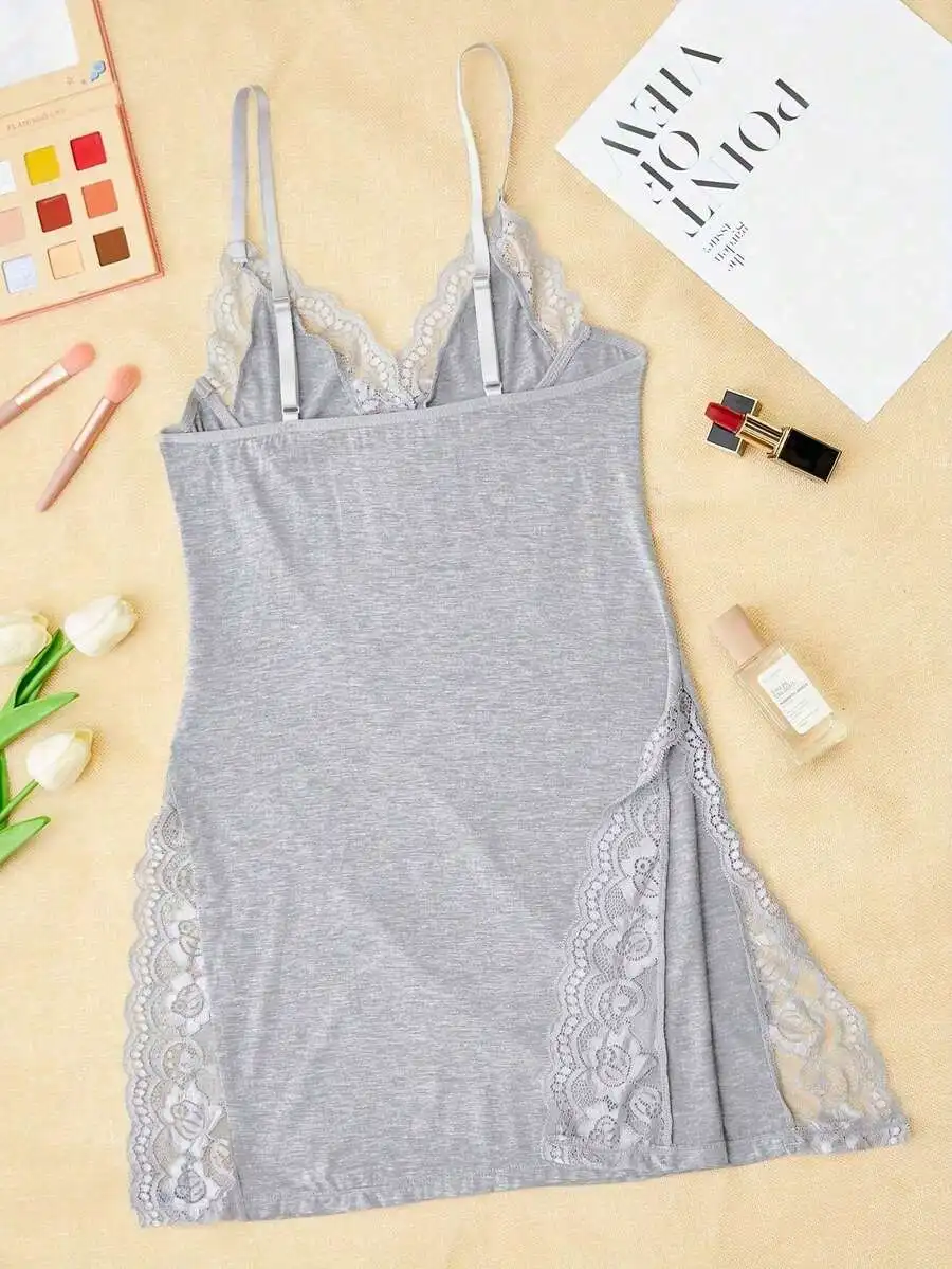 Women Gray Lace Trim Spaghetti Strap Sleep Dress Side Slit Nightgown