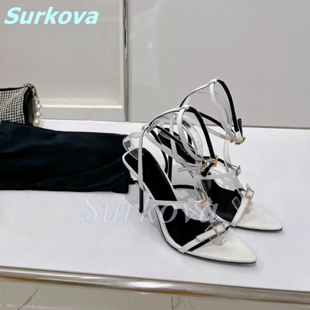 Luxury Women Shoes Three Layer Buckle 10.5CM Thin High Heels Sandals Newest Fashion Sexy High Quality Summer Shoes Black/White