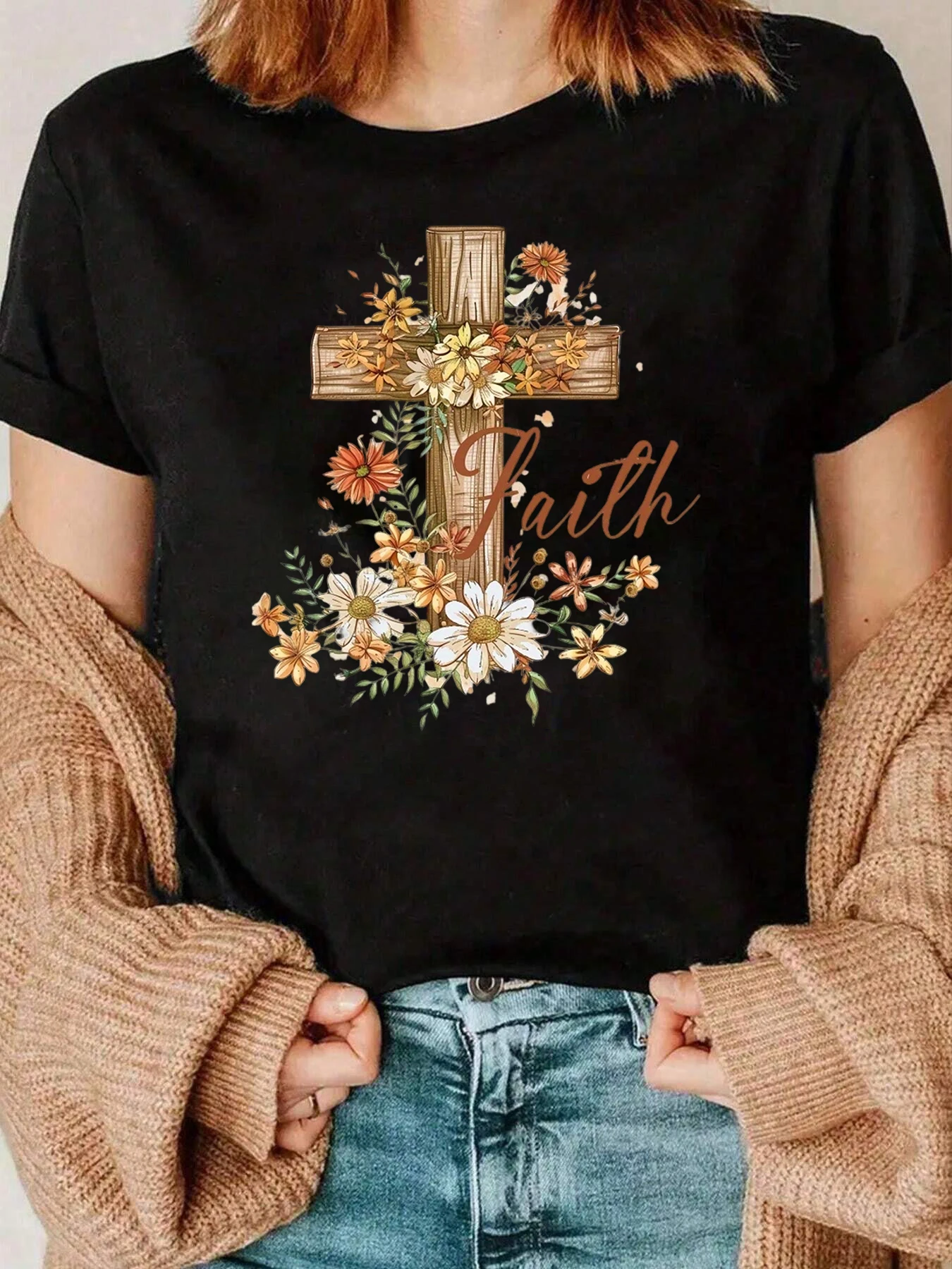 

Floral Cross Faith Print T Shirt Women Casual Everyday Wear 220g