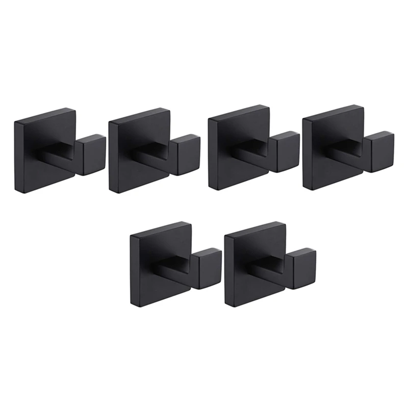 Hot 6 Pack Matte Black Towel Hook Stainless Steel Bathroom Rust Proof Clothes Towel Coat Hook Wall Mounted Square Hanger