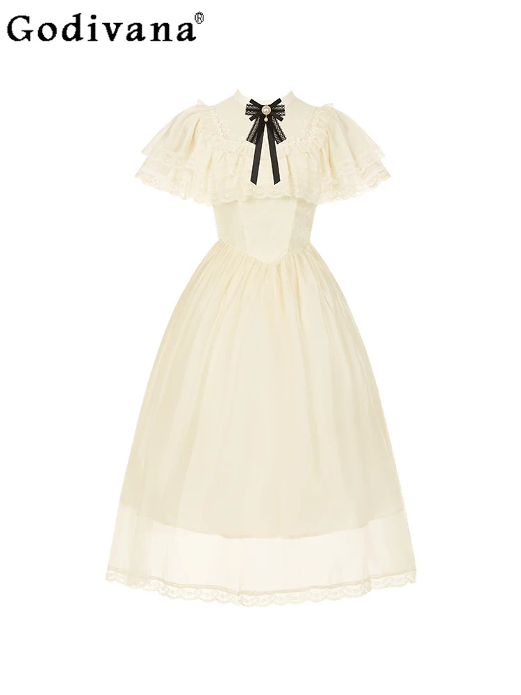 Robe de princesse Lolita rose douce, manches courtes, taille haute, en dentelle, pour filles mignonnes, ligne a, mode, robes de fée polyvalentes, printemps été